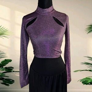 Purple glitter long sleeve top with cut out detail
